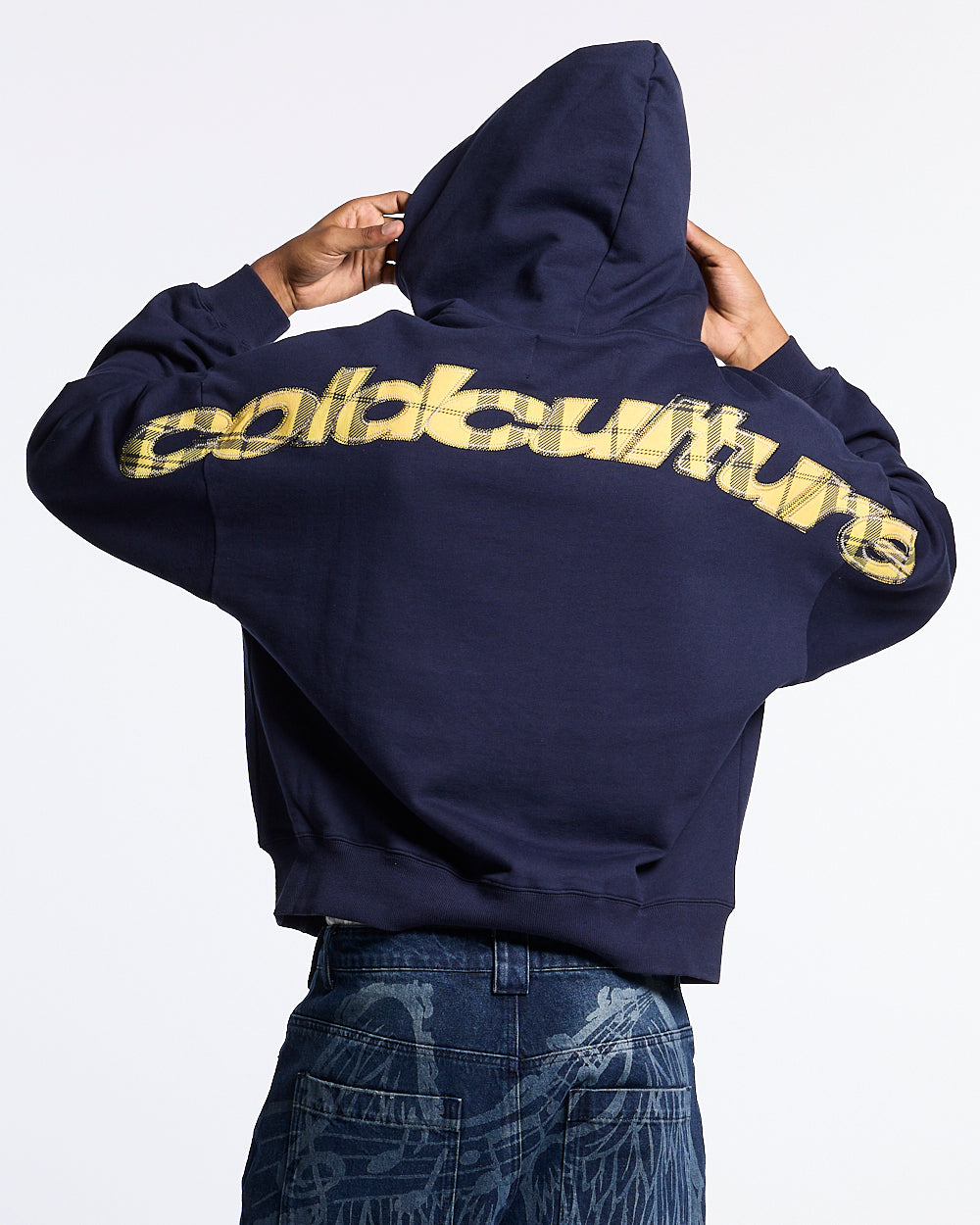 TARTAN DISTRESS CURVED ZIP HOODIE BLUE