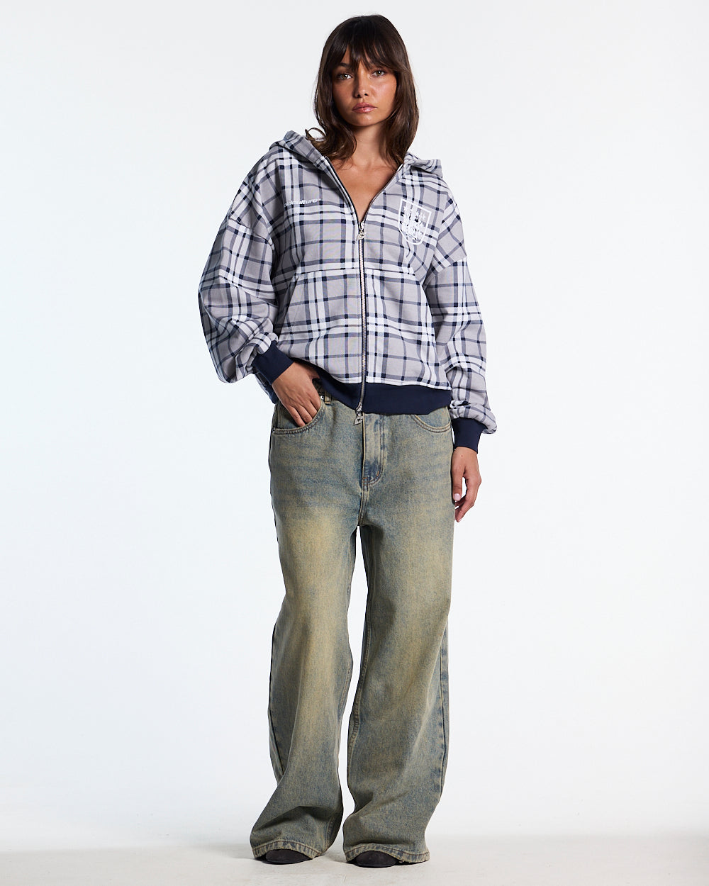 GRID ZIP HOODIE TARTAN DARK BLUE/GREY