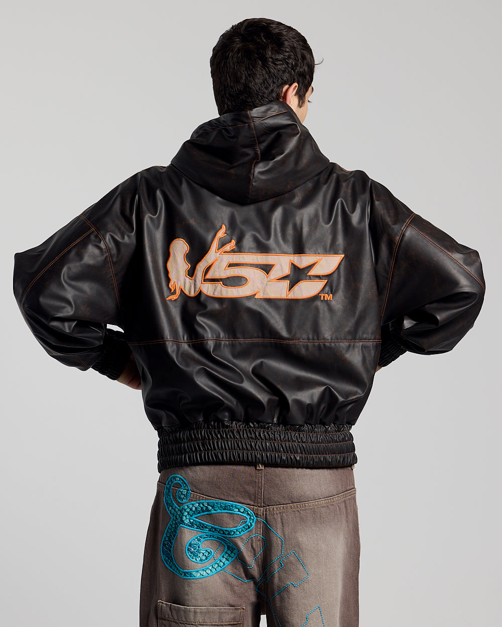 FAUX LEATHER ZIP HOODIE BROWN