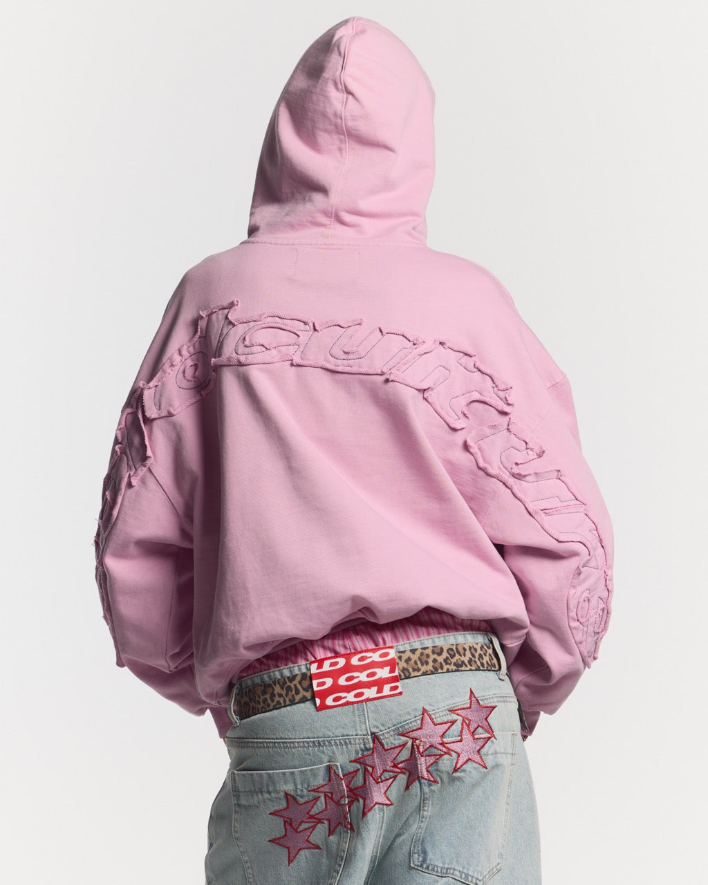 DISTRESS CURVED HOODIE PINK