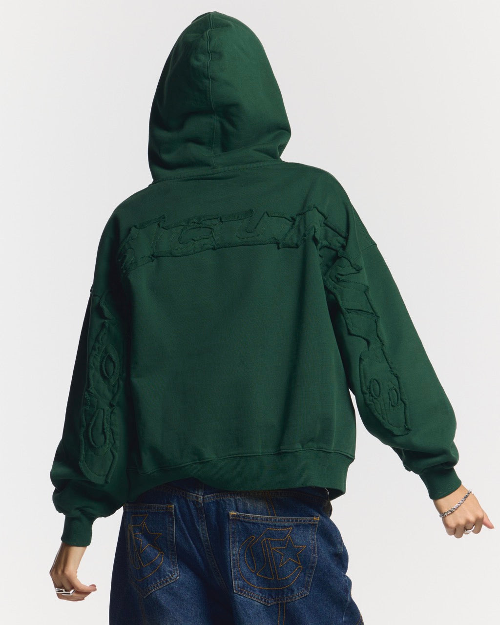 DISTRESS CURVED ZIP HOODIE GREEN