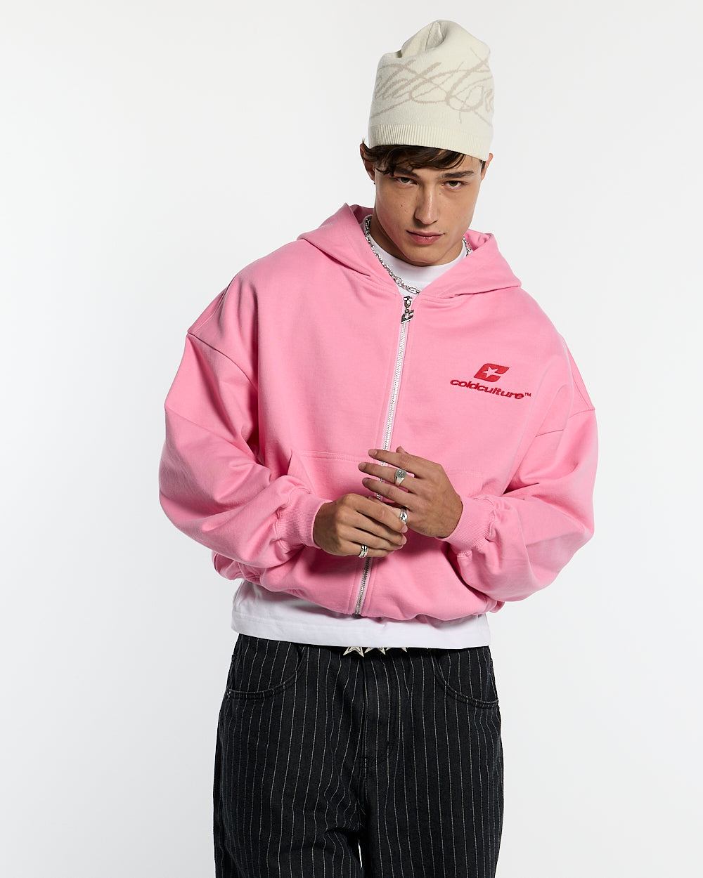 CURVED ZIP HOODIE PINK & RED