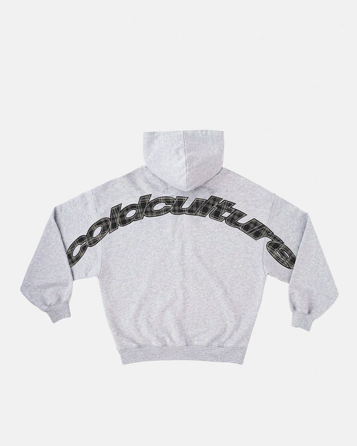 TARTAN DISTRESS CURVED HOODIE HEATHER GREY - heather grey oversized hoodie, flat lay - Cold Culture #packshot