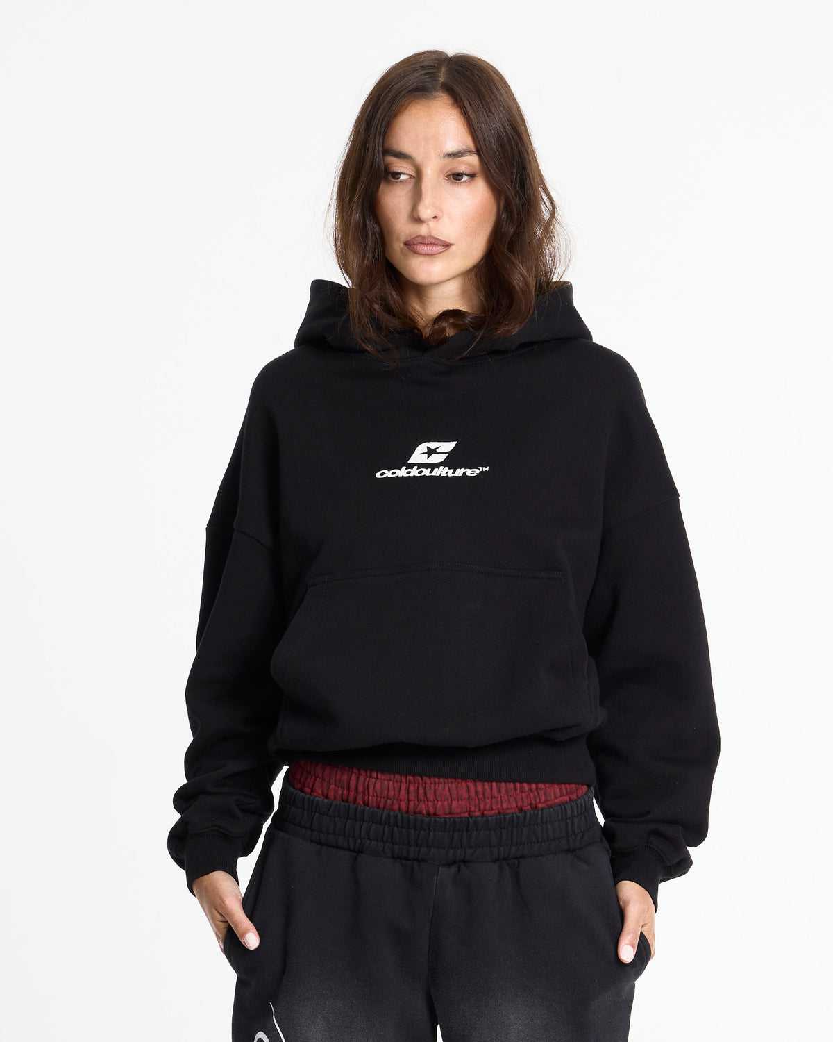 TARTAN CURVED HOODIE BLACK - Cold Culture #woman