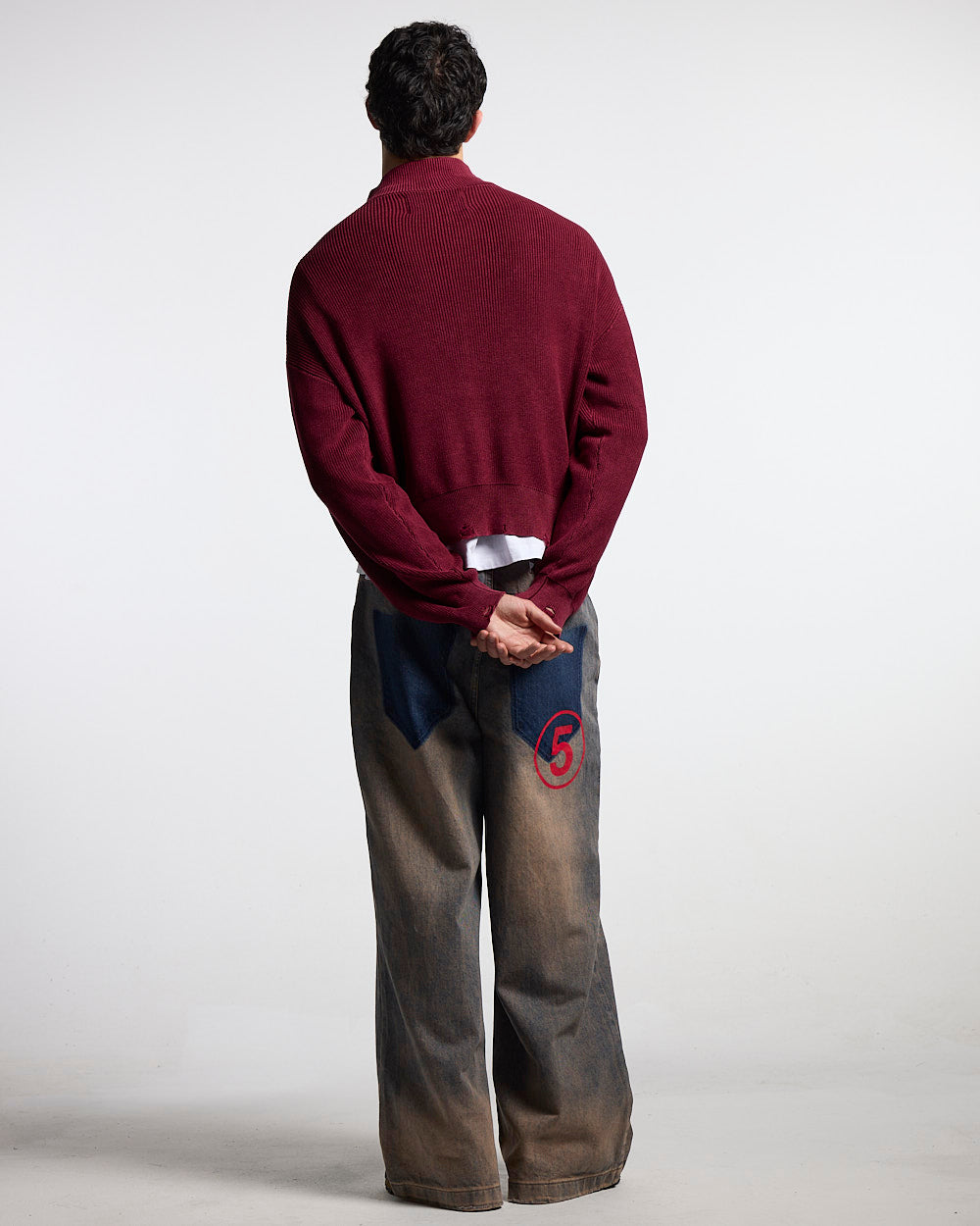 DISTRESS CURVED ZIP KNIT BURGUNDY