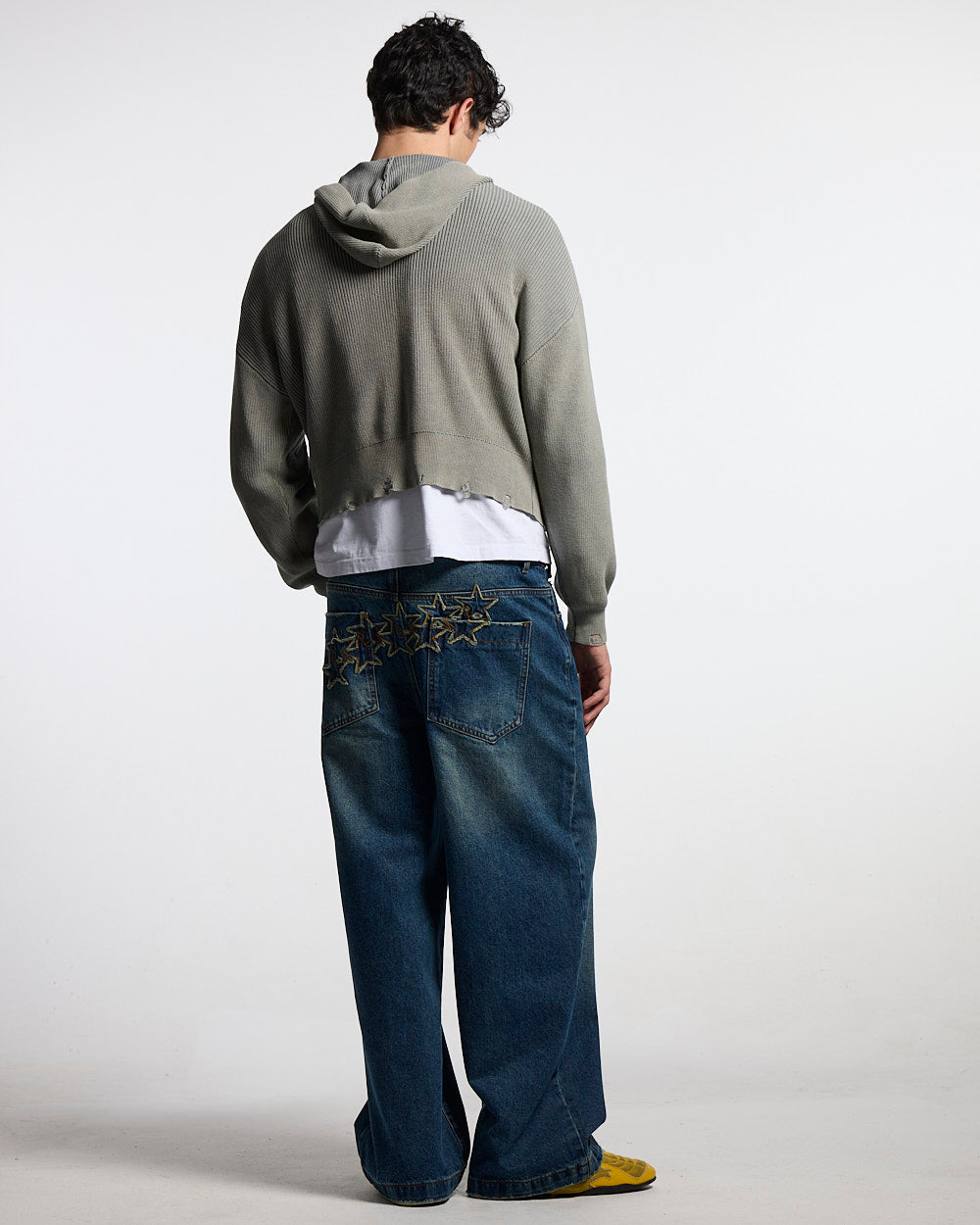 DISTRESS CURVED ZIP KNIT HOODIE GREY