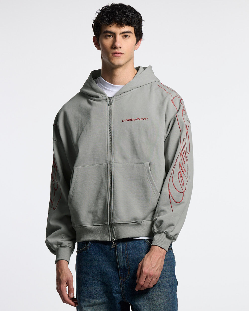 NEW SCRIPT ZIP HOODIE GREY & RED