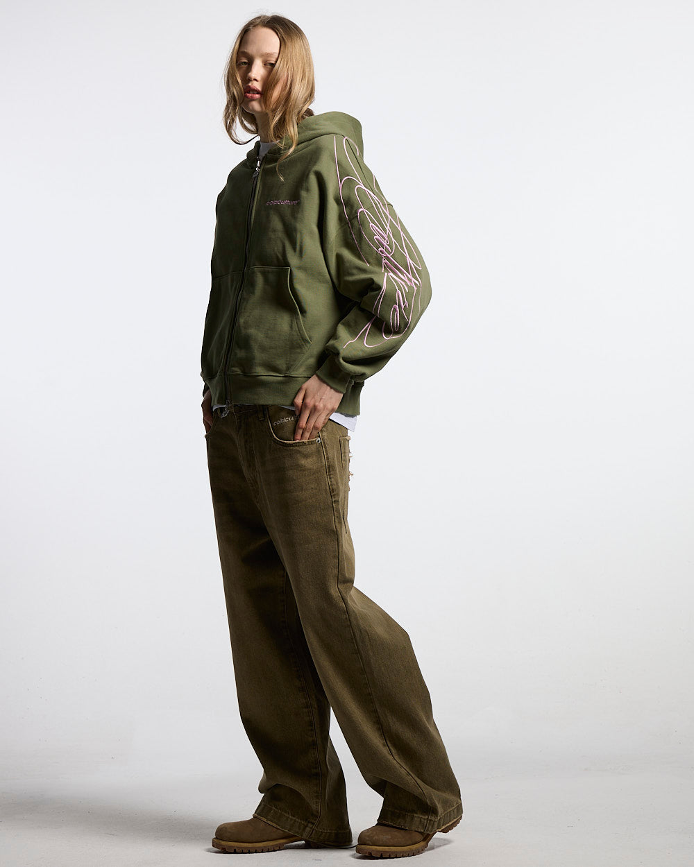 NEW SCRIPT ZIP HOODIE GREEN & PINK