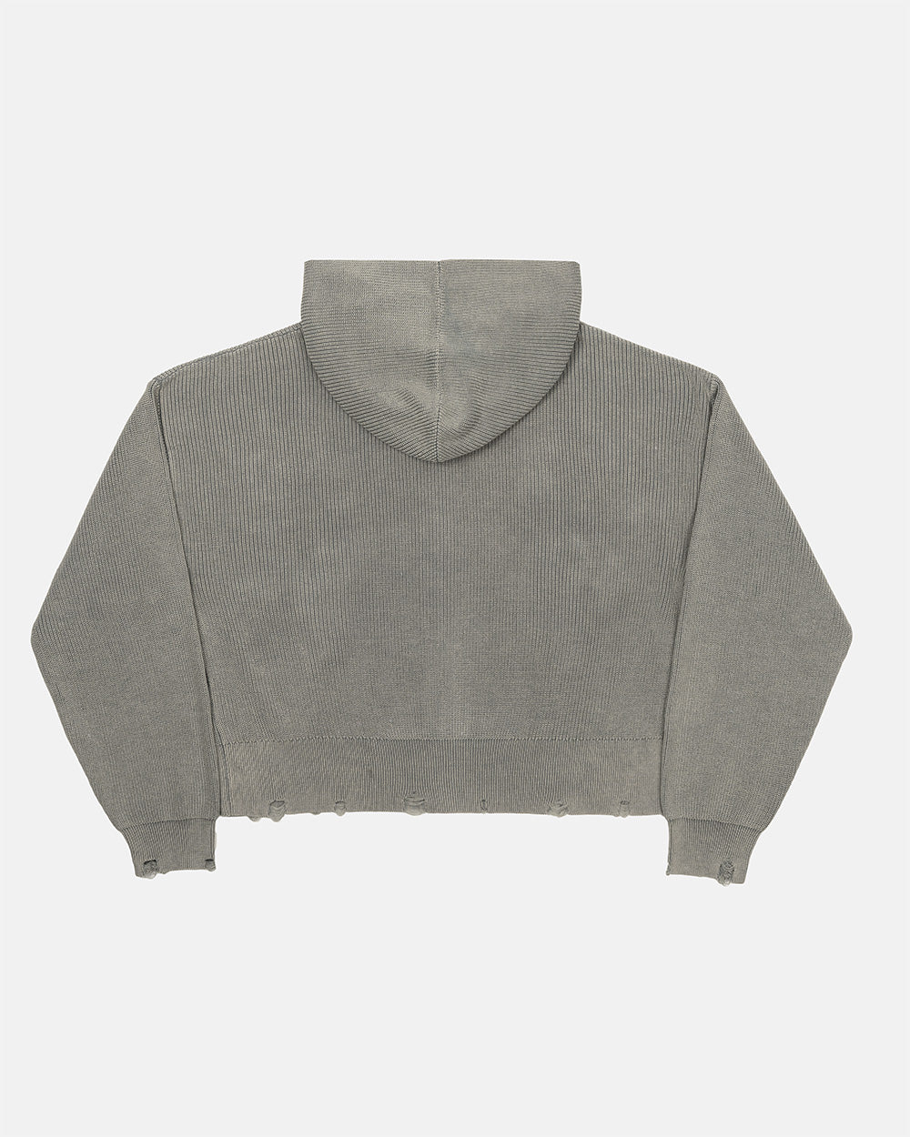 DISTRESS CURVED ZIP KNIT HOODIE GREY