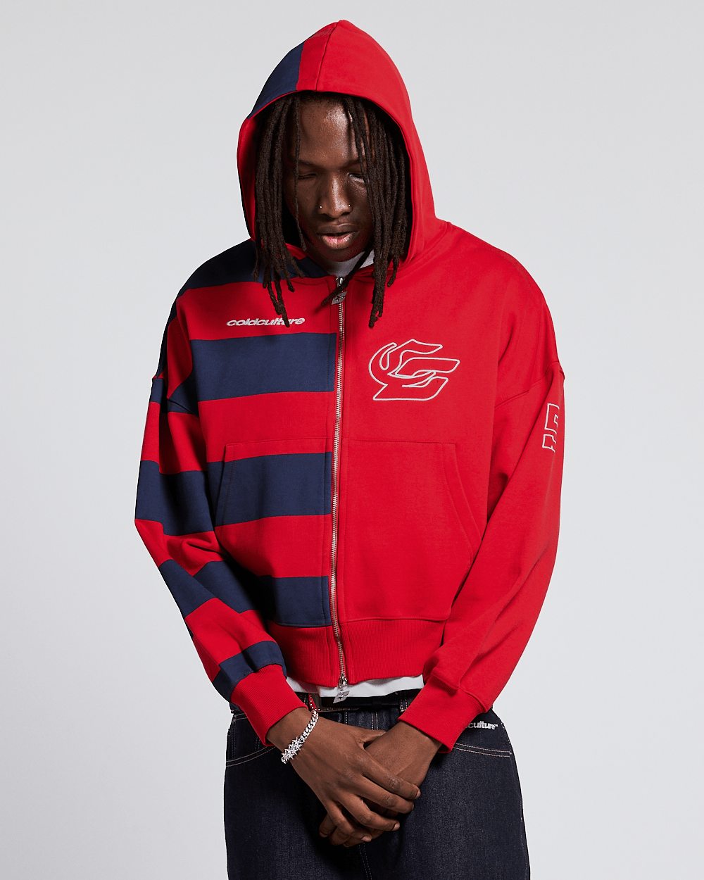 BARNA ZIP HOODIE RED & DAR BLUE - Cold Culture