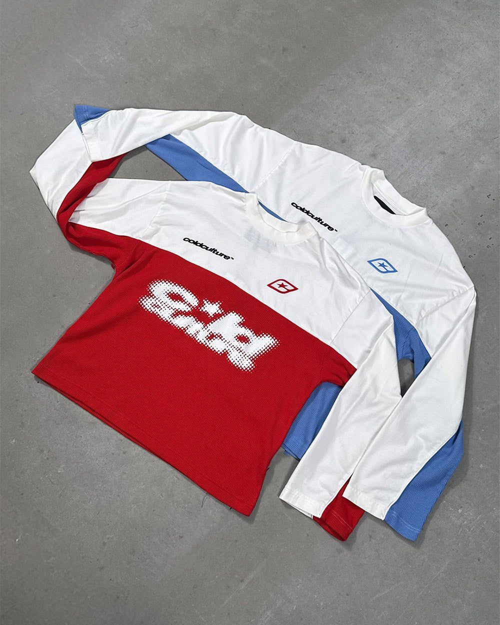 BICOLOR WAFFLE LONGSLEEVE BLUE & WHITE - Cold Culture