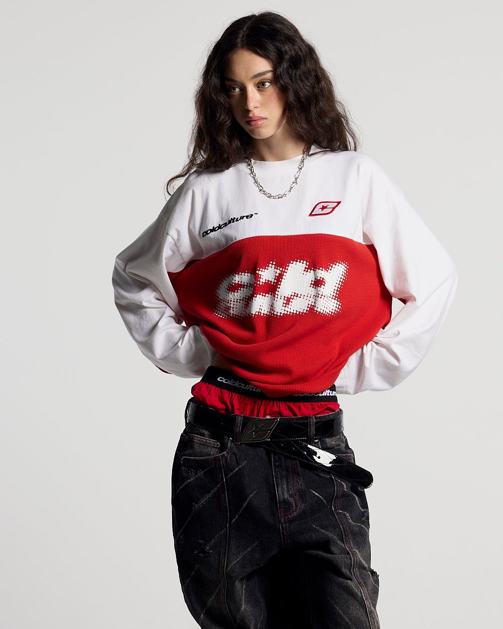 BICOLOR WAFFLE LONGSLEEVE RED & WHITE - Cold Culture