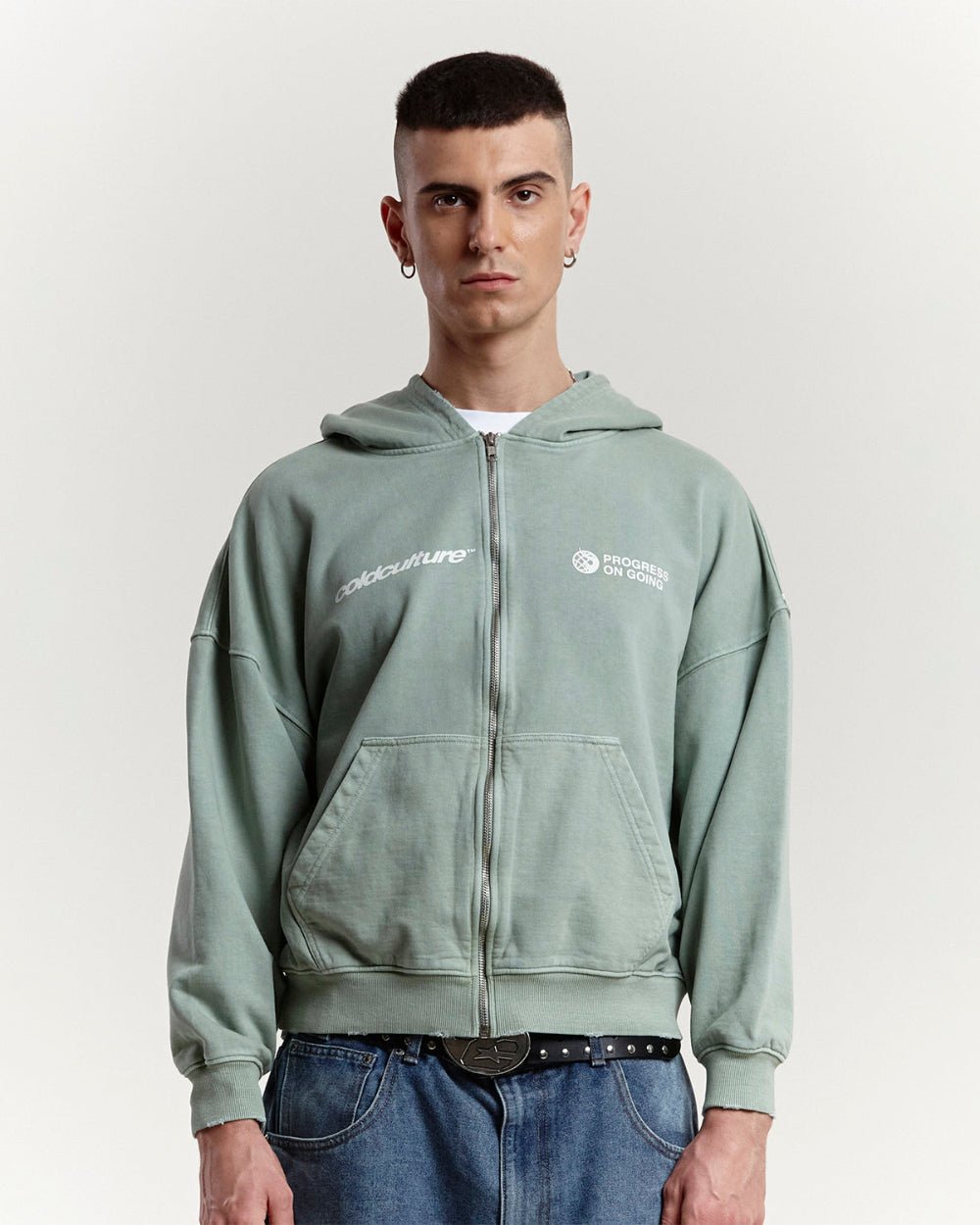 BURNING ZIP HOODIE +WASHED MARINE GREEN - COLD CULTURE