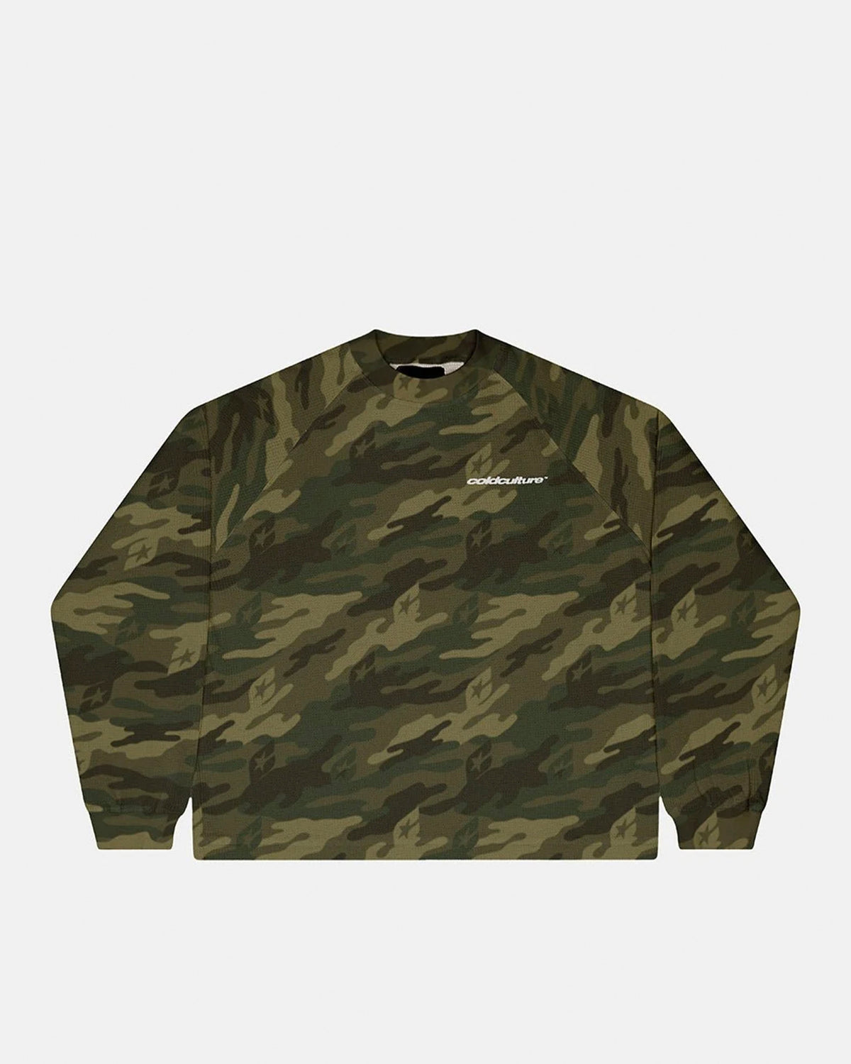 CAMO THERMAL LONGSLEEVE TEE GREEN - green camo longsleeve tee, front view - Cold Culture #packshot
