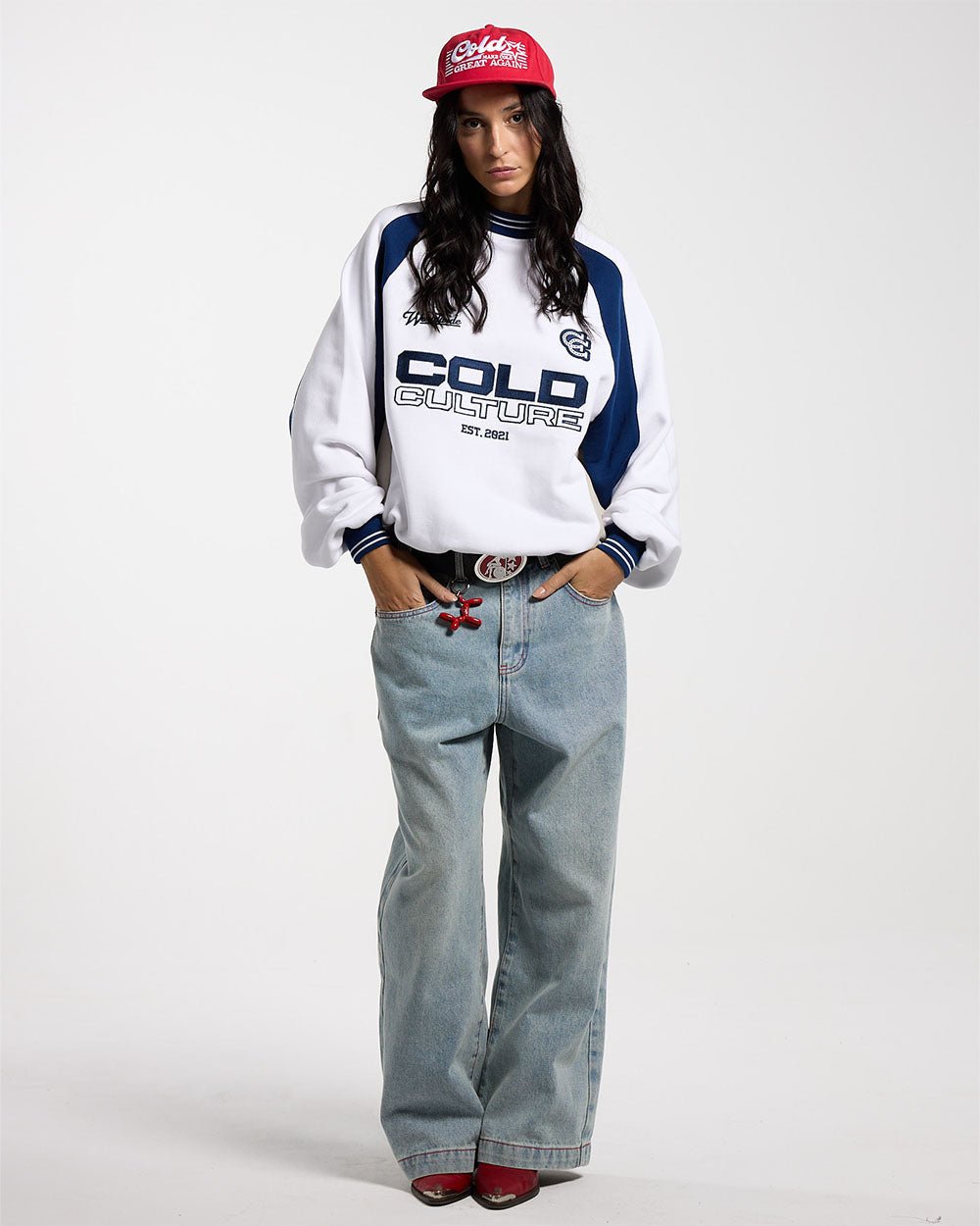 COWBOY VARSITY CREWNECK WHITE/BLUE - COLD CULTURE