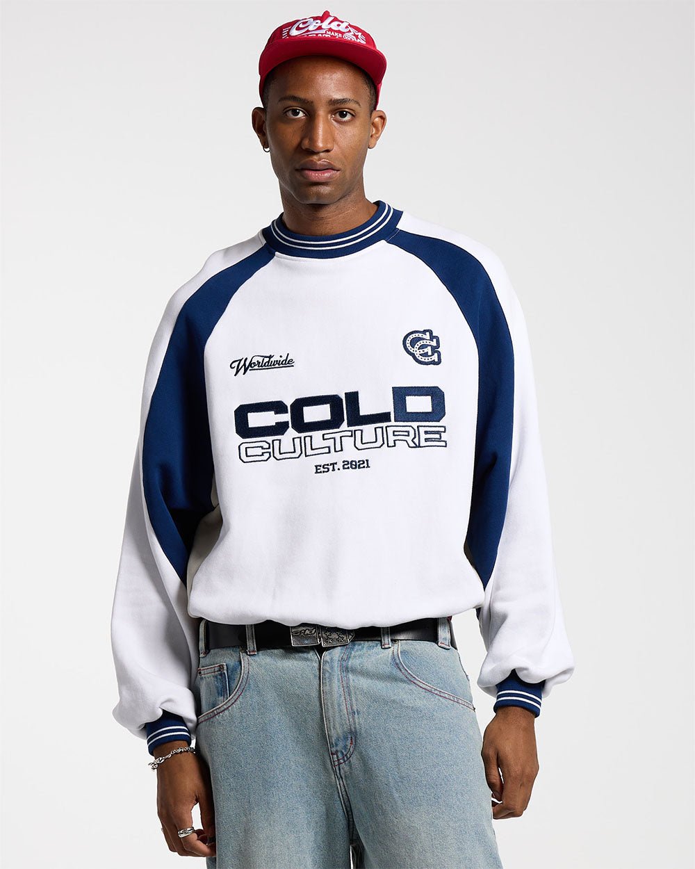 COWBOY VARSITY CREWNECK WHITE/BLUE - COLD CULTURE