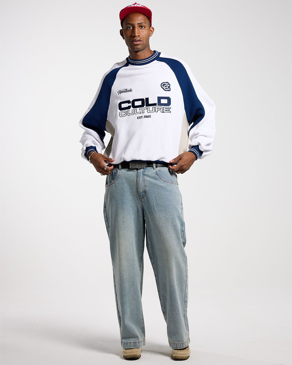 COWBOY VARSITY CREWNECK WHITE/BLUE - COLD CULTURE