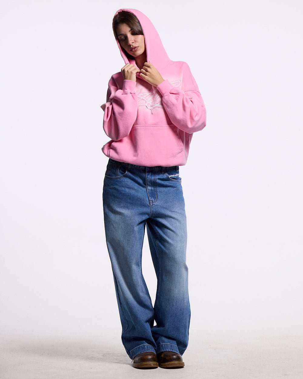 CROSSED DISTRESS HOODIE PINK - Cold Culture