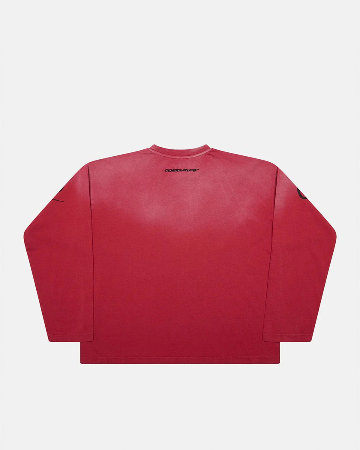 CROSSED SCRIPT LONGSLEEVE RED - washed red script print longsleeve tee, back view - Cold Culture #packshot