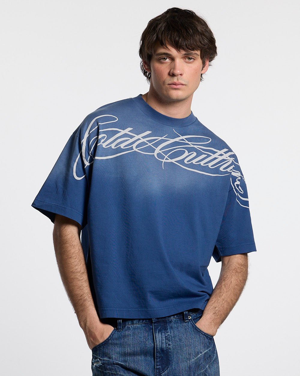 CROSSED SCRIPT TEE BLUE - Cold Culture