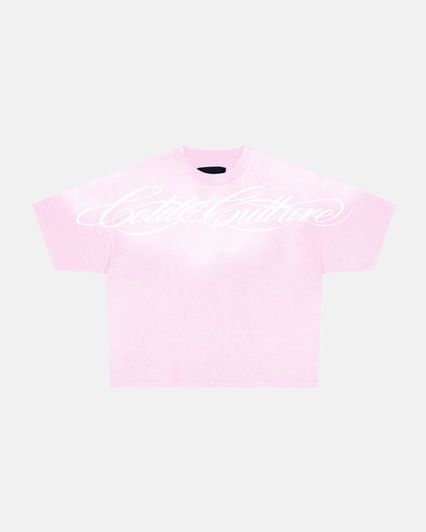 CROSSED SCRIPT TEE PINK - washed pink tee, front view - Cold Culture