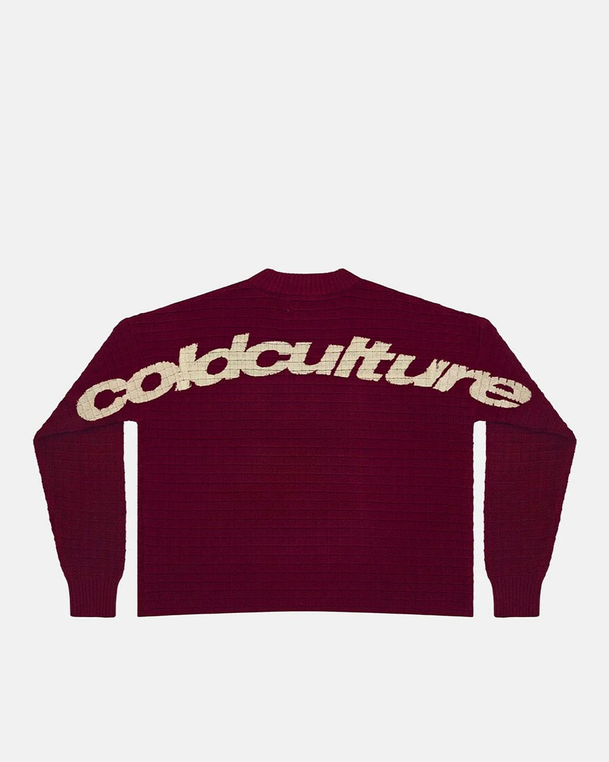 CRUNCHY WAFFLE KNIT BURGUNDY - burgundy waffle knit sweater, back view - Cold Culture #packshot