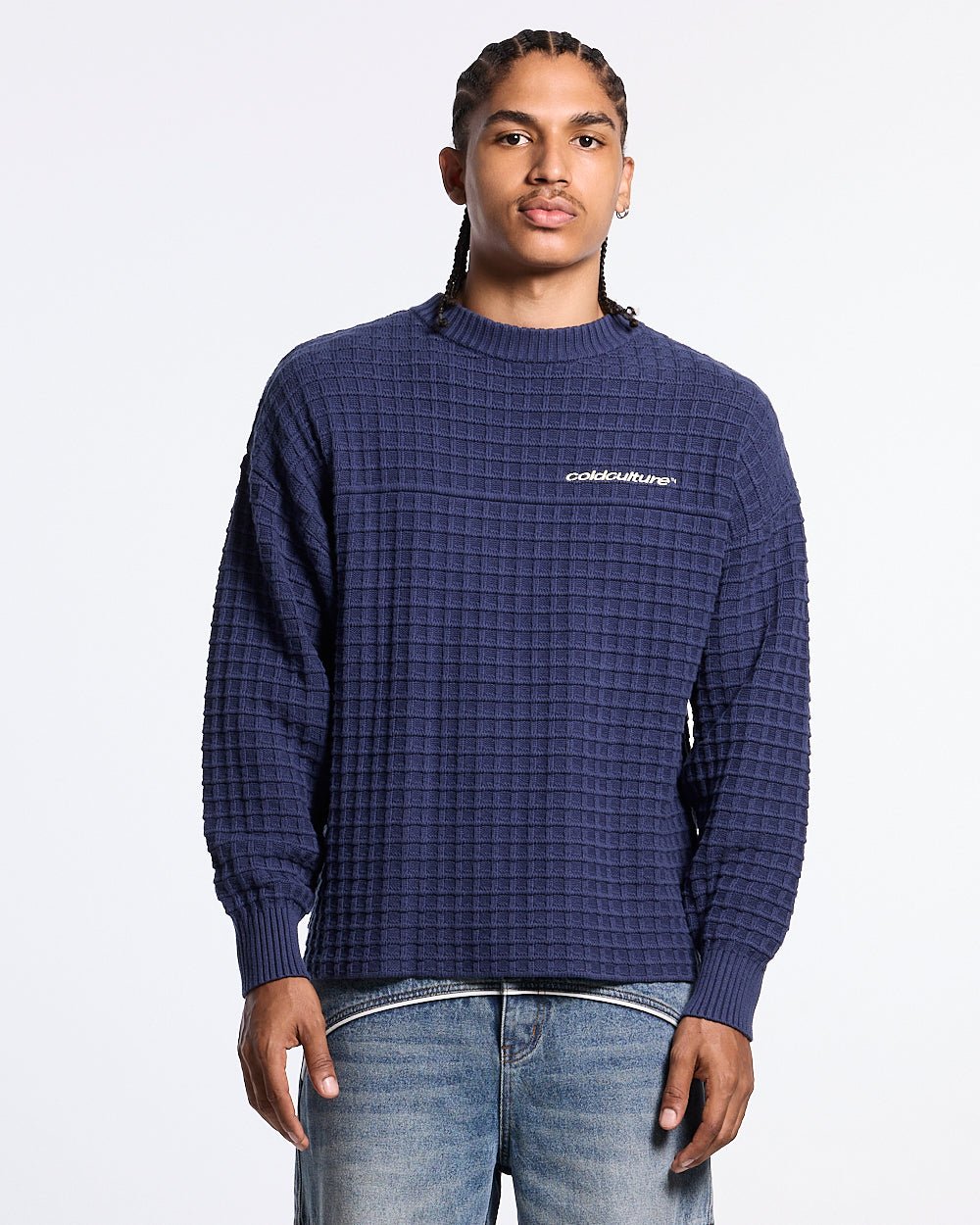 CRUNCHY WAFFLE KNIT NAVY AND YELLOW - Cold Culture