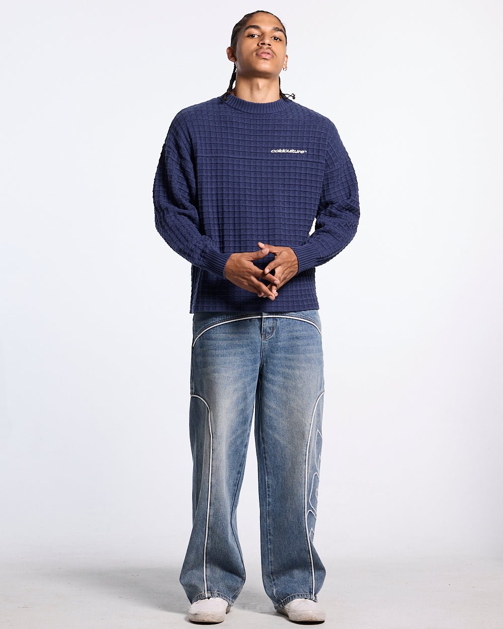 CRUNCHY WAFFLE KNIT NAVY AND YELLOW - Cold Culture