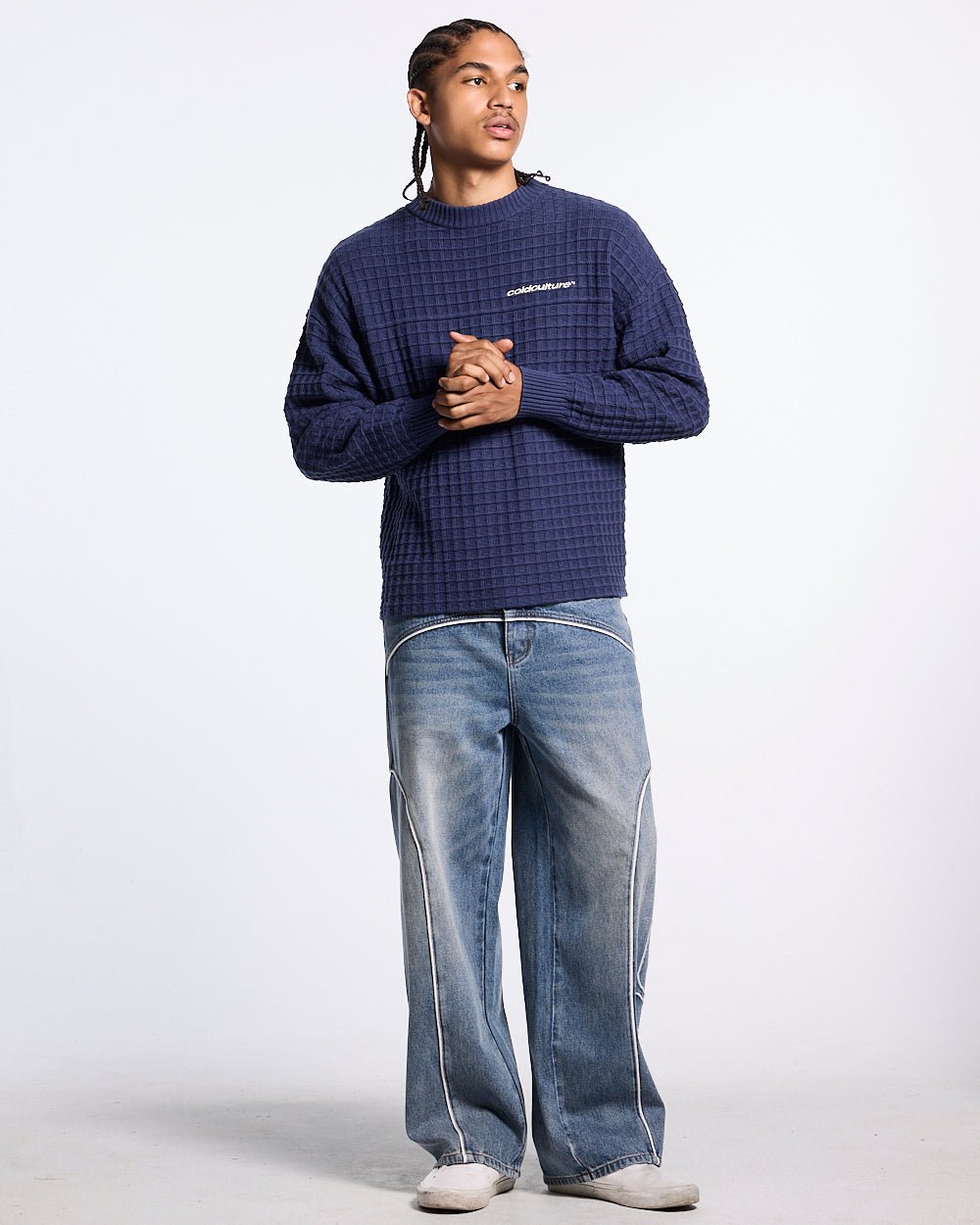 CRUNCHY WAFFLE KNIT NAVY AND YELLOW - Cold Culture