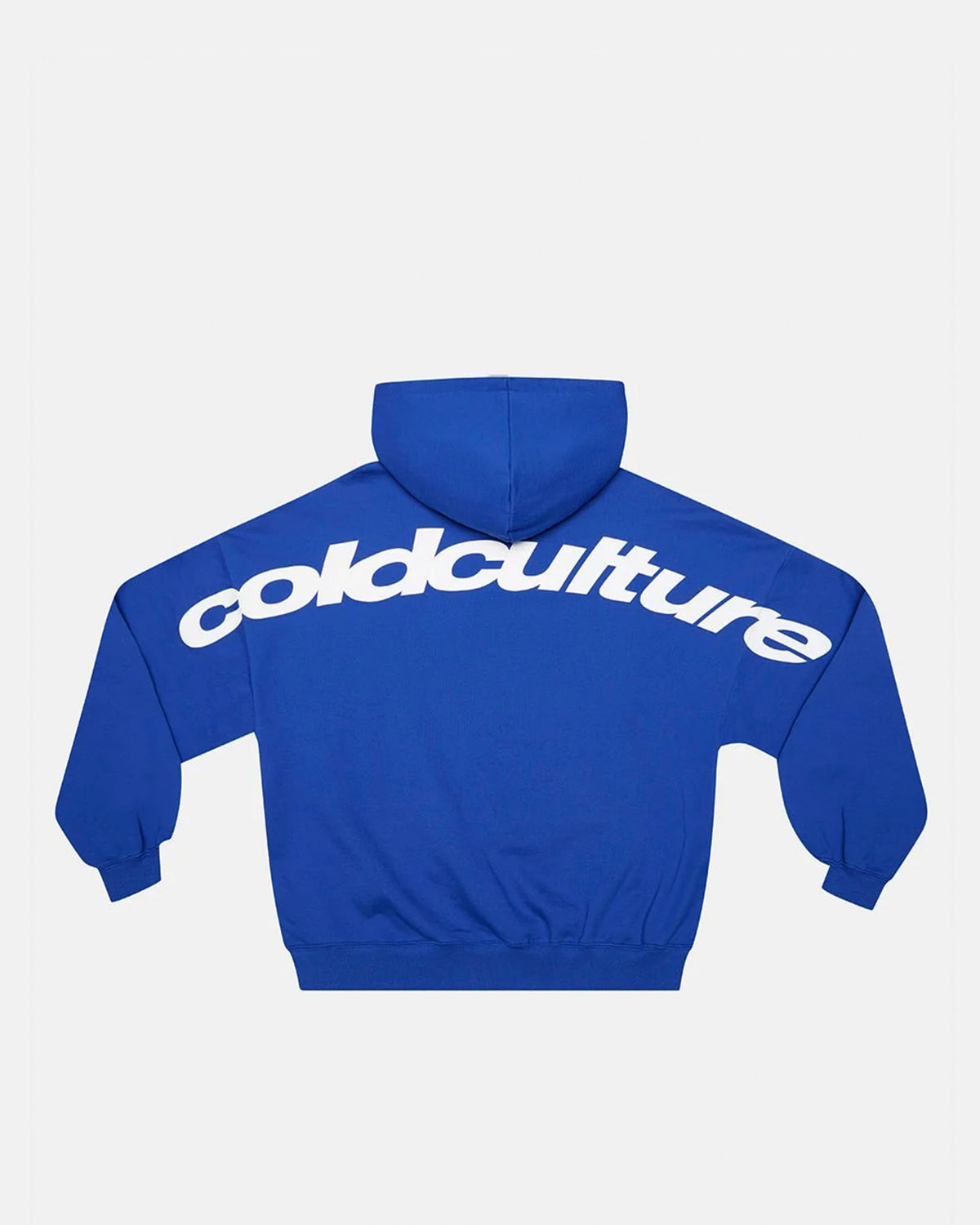 CURVED HOODIE BLUE - royal blue logo print hoodie, back view - Cold Culture #packshot