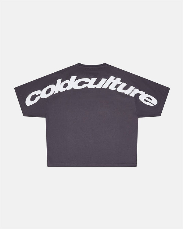 CURVED TEE NINE IRON - dark grey oversized tee, back view - Cold Culture