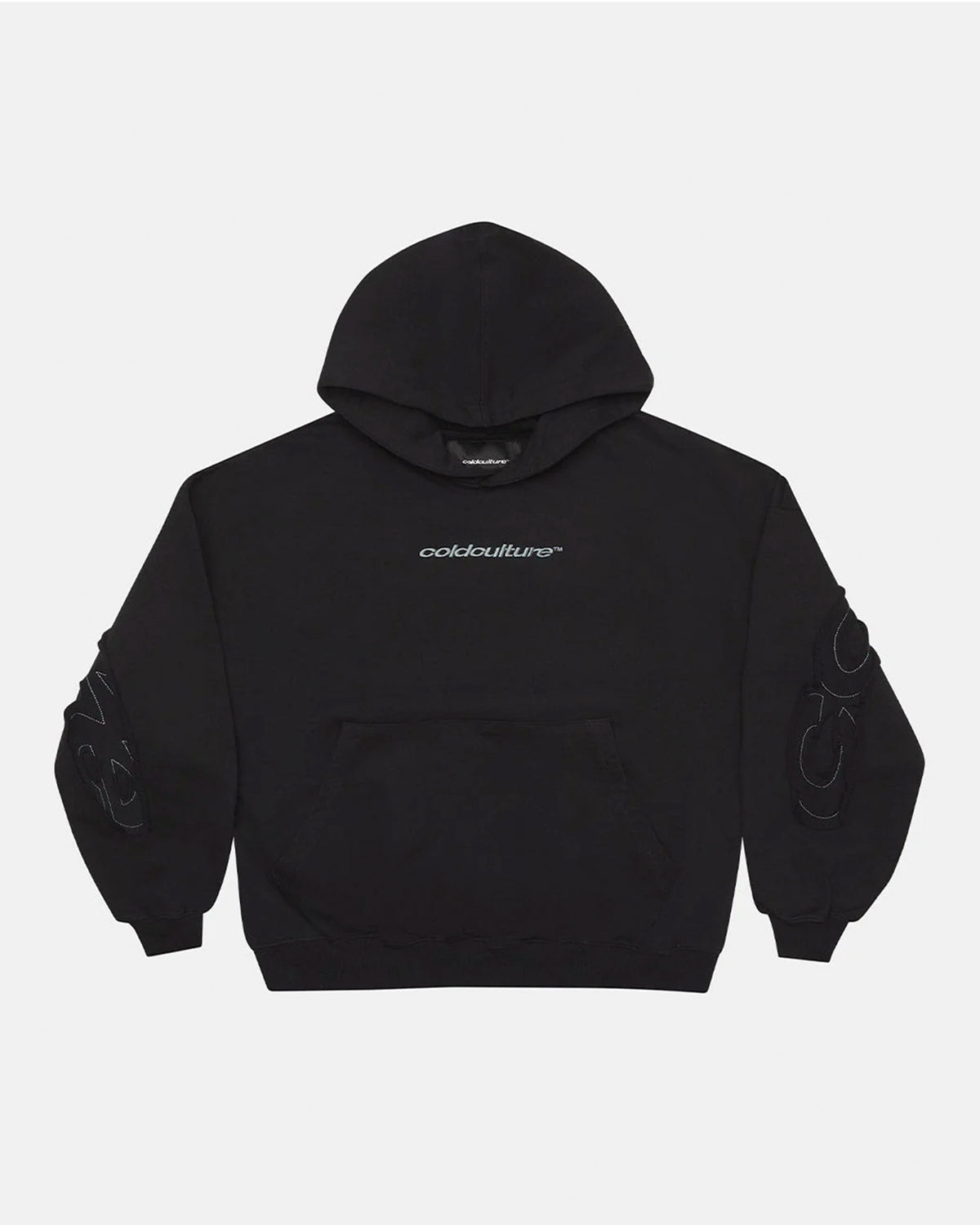 DISTRESS CURVED HOODIE BLACK - black distressed hoodie, front view - Cold Culture #packshot