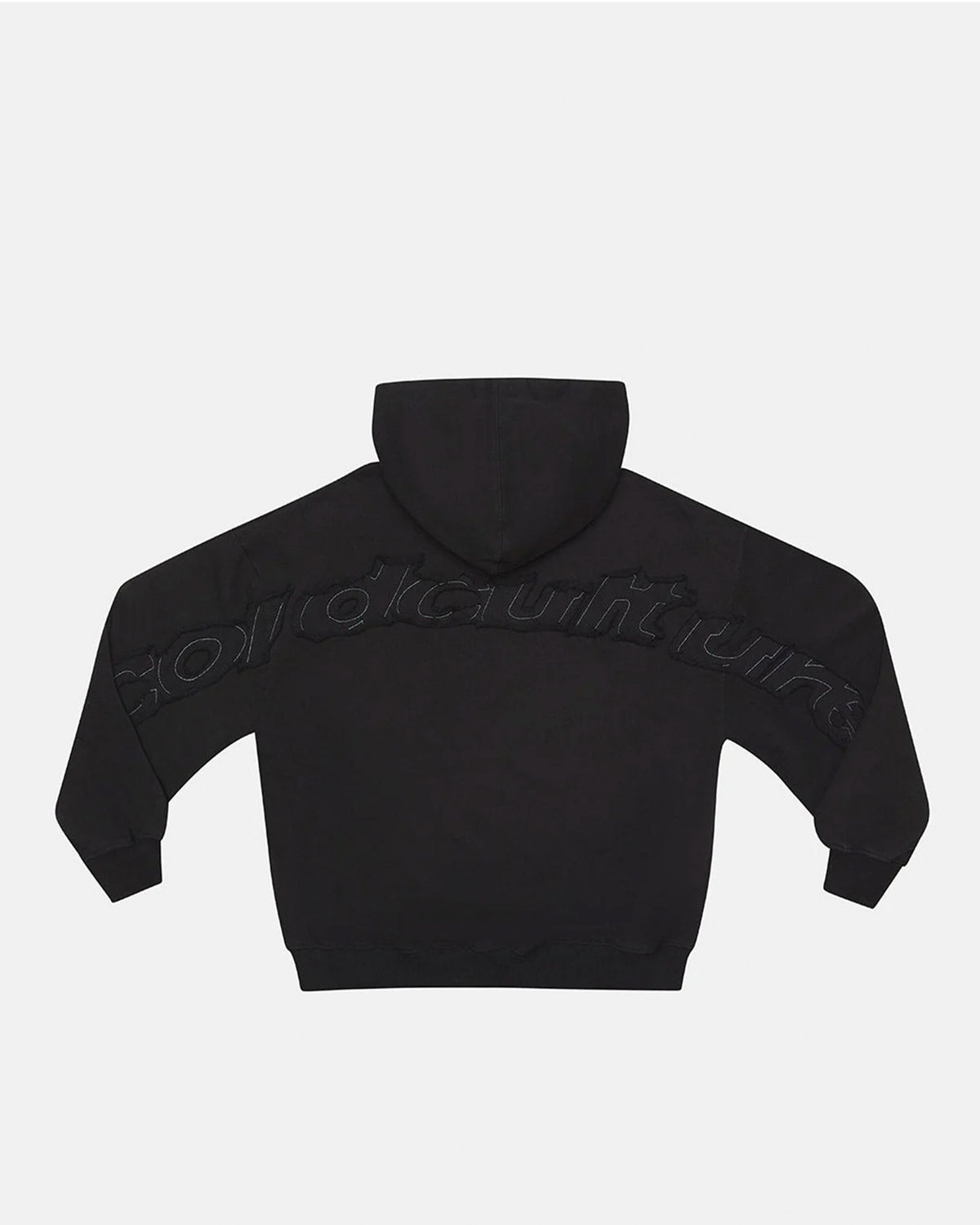 DISTRESS CURVED HOODIE BLACK - black distressed hoodie, back view - Cold Culture #packshot