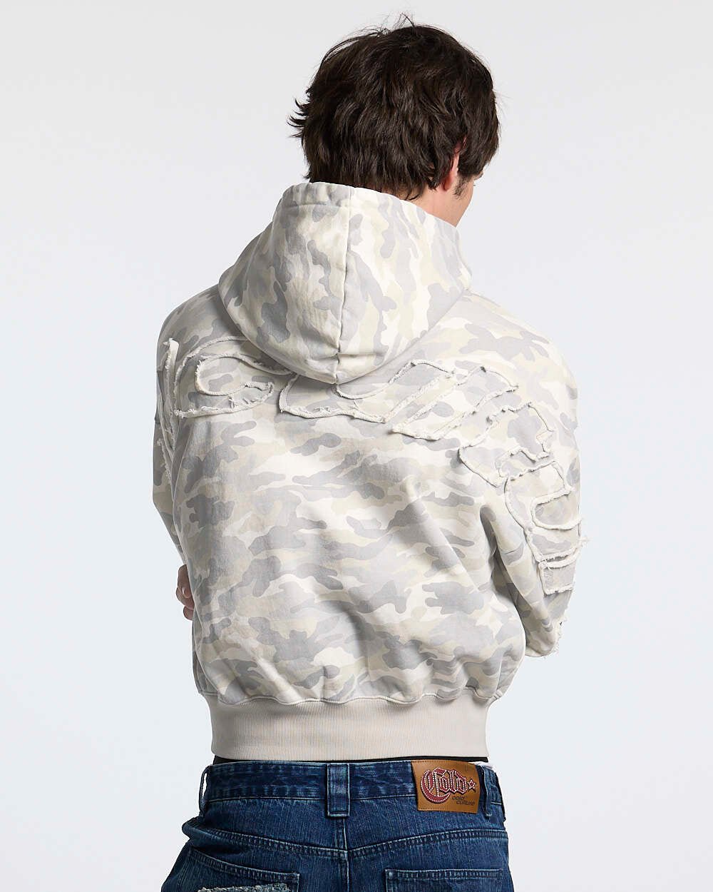 DISTRESS CURVED HOODIE CAMO GREY - Cold Culture