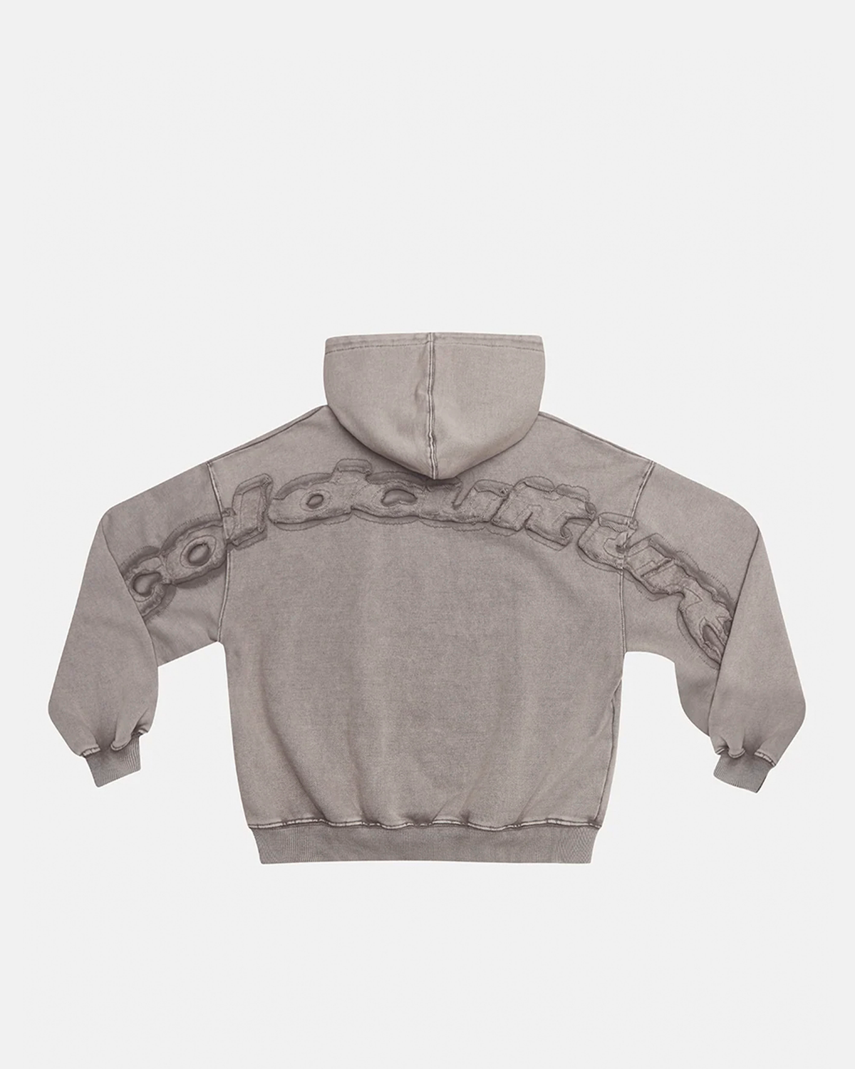 DISTRESS CURVED HOODIE WASHED GREY - washed grey distressed hoodie, back view - Cold Culture #packshot
