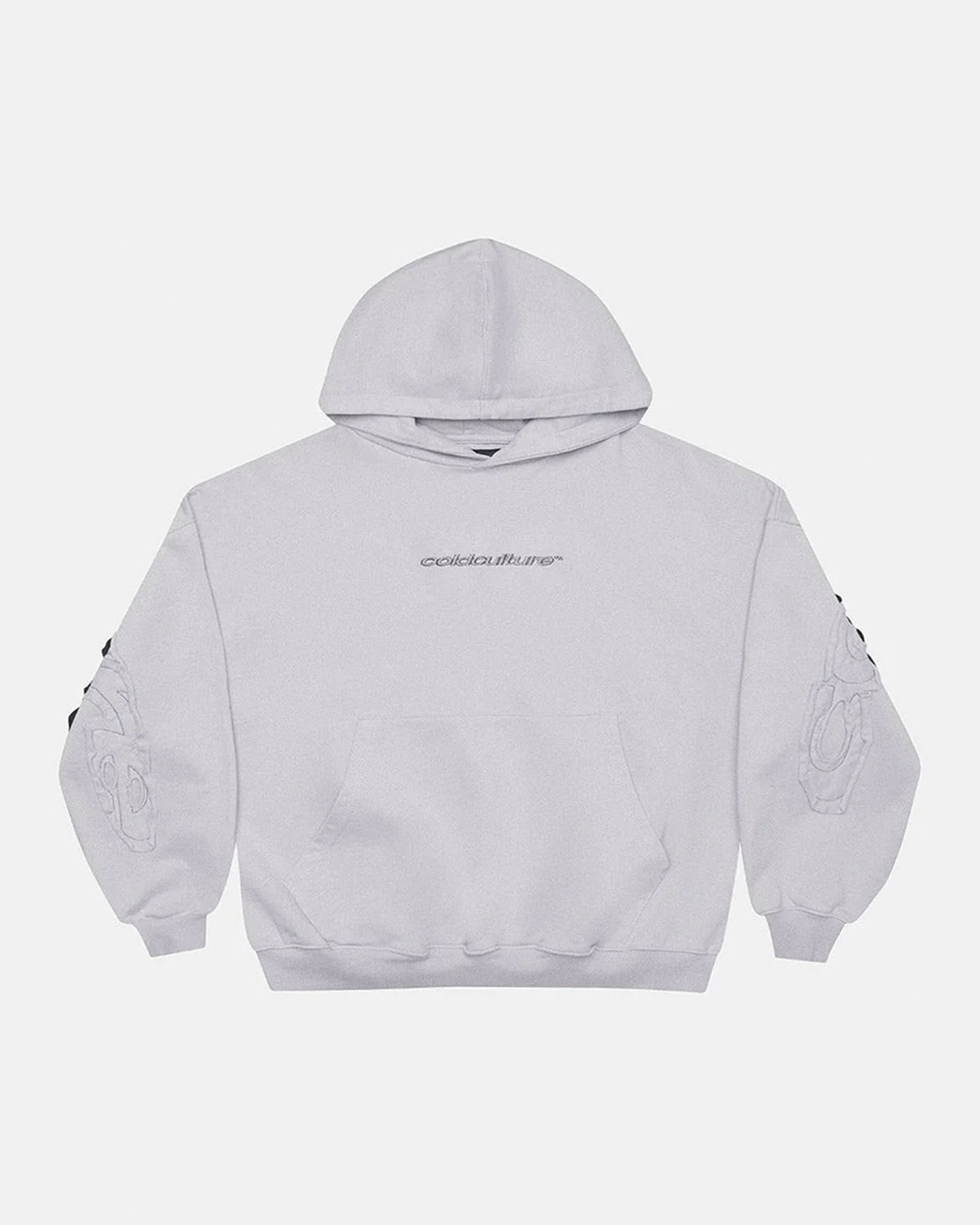 DISTRESS CURVED HOODIE LIGHT GREY - light grey distressed hoodie, front view - Cold Culture #packshot
