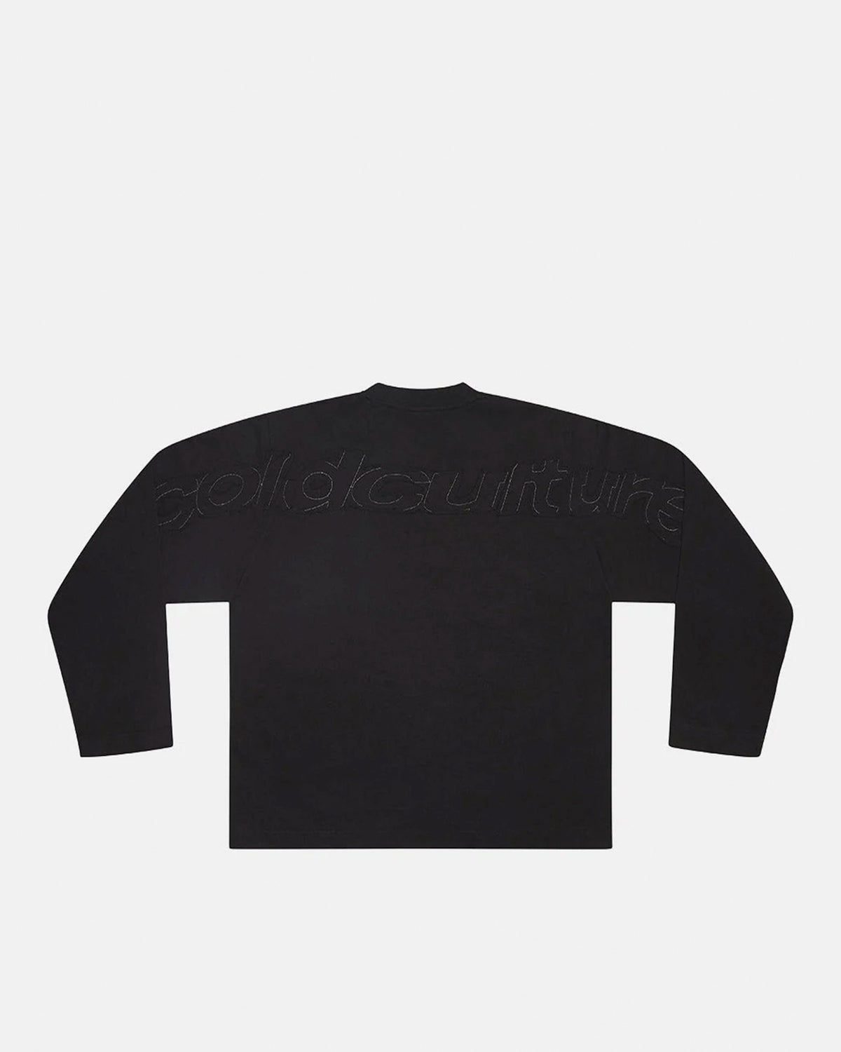 DISTRESS CURVED LONGSLEEVE BLACK - black distressed longsleeve tee, back view - Cold Culture #packshot