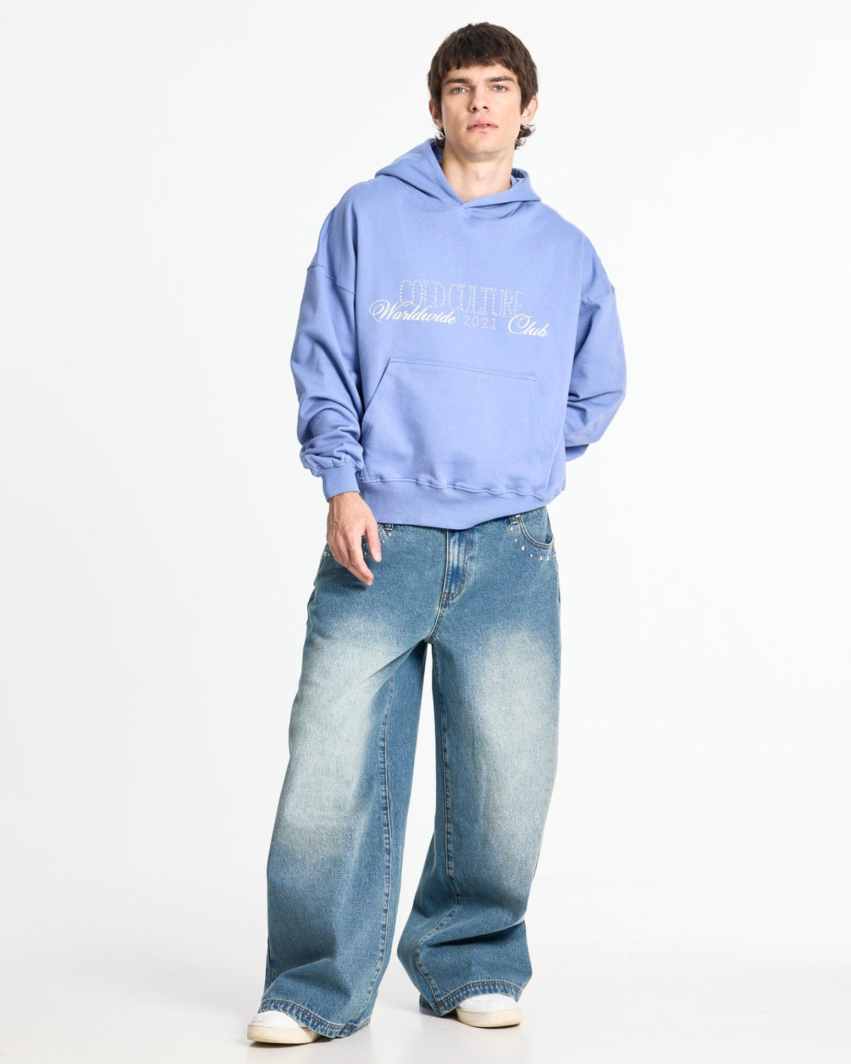 DISTRESS CURVED LOOSE PANTS BLUE - Cold Culture