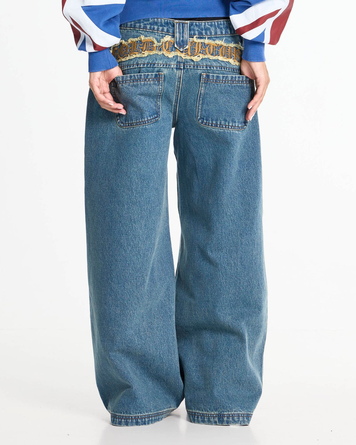DISTRESS CURVED LOOSE PANTS BLUE - Cold Culture