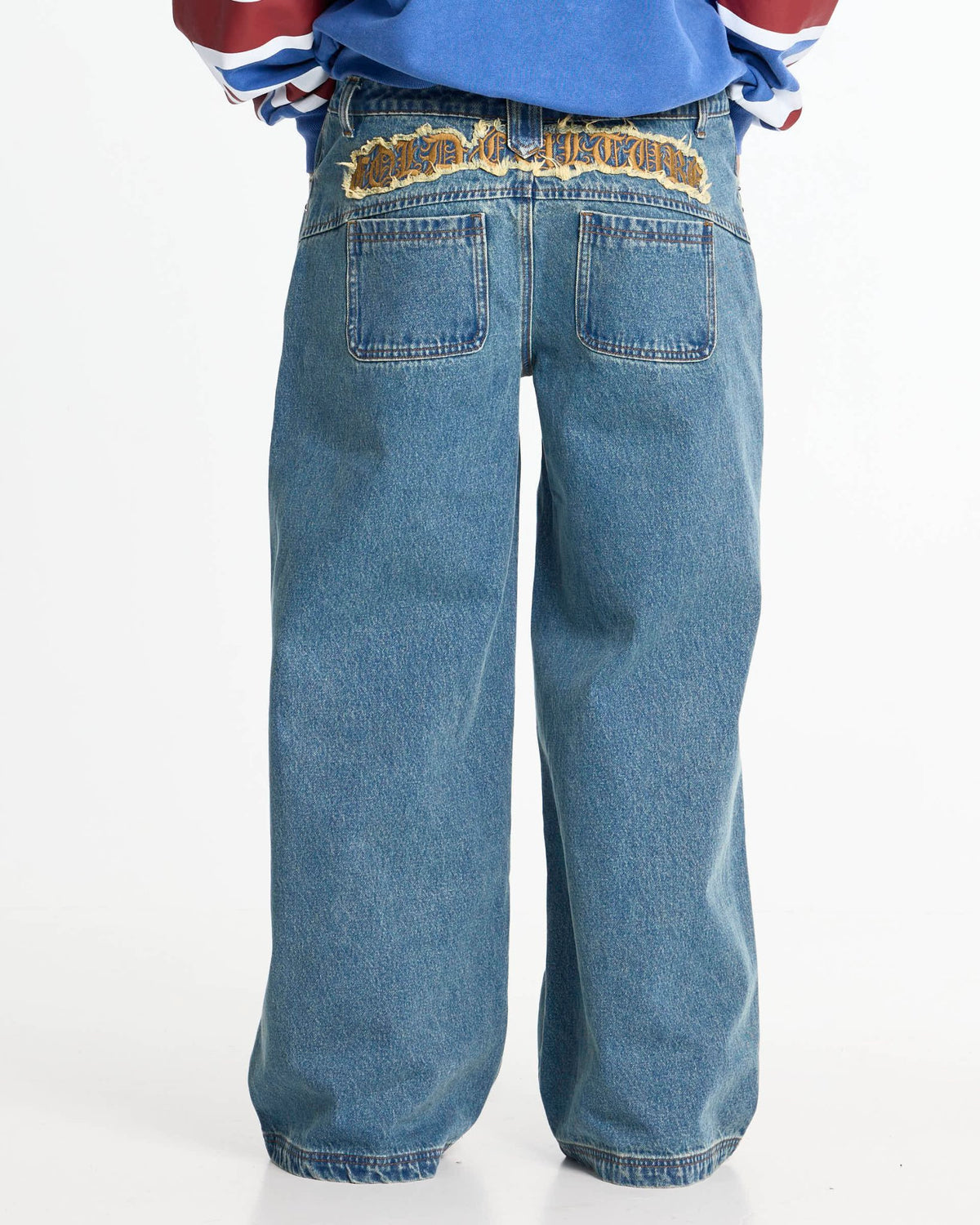 DISTRESS CURVED LOOSE PANTS BLUE - Cold Culture