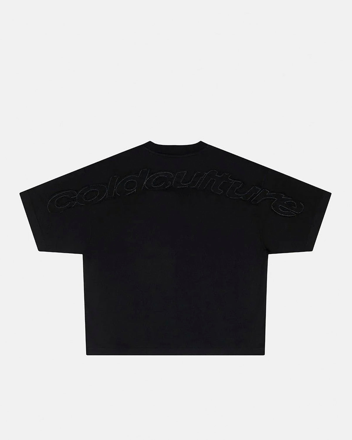 DISTRESS CURVED TEE BLACK - black distressed tee, back view - Cold Culture #packshot