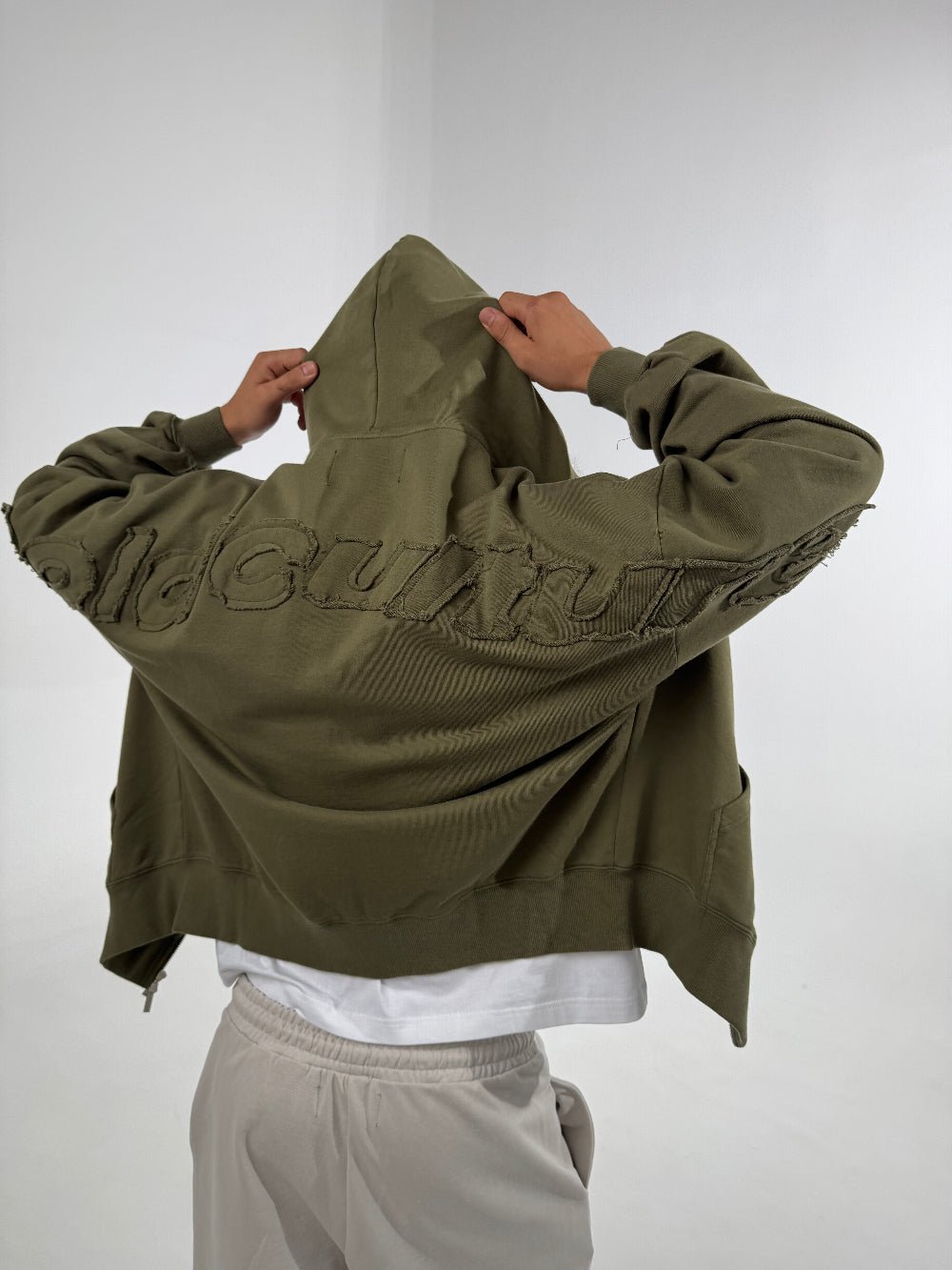 DISTRESS CURVED ZIP HOODIE GREEN LIGHT - Cold Culture