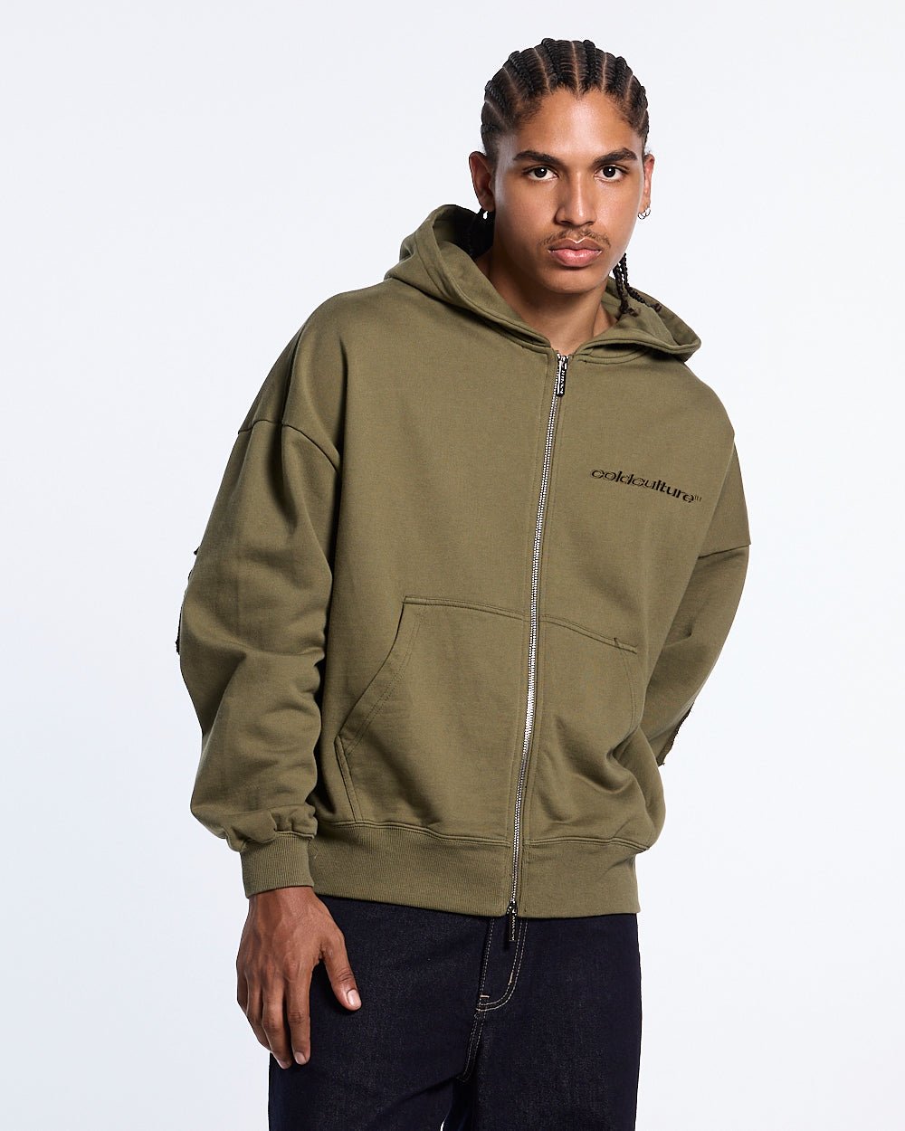 DISTRESS CURVED ZIP HOODIE GREEN LIGHT - Cold Culture