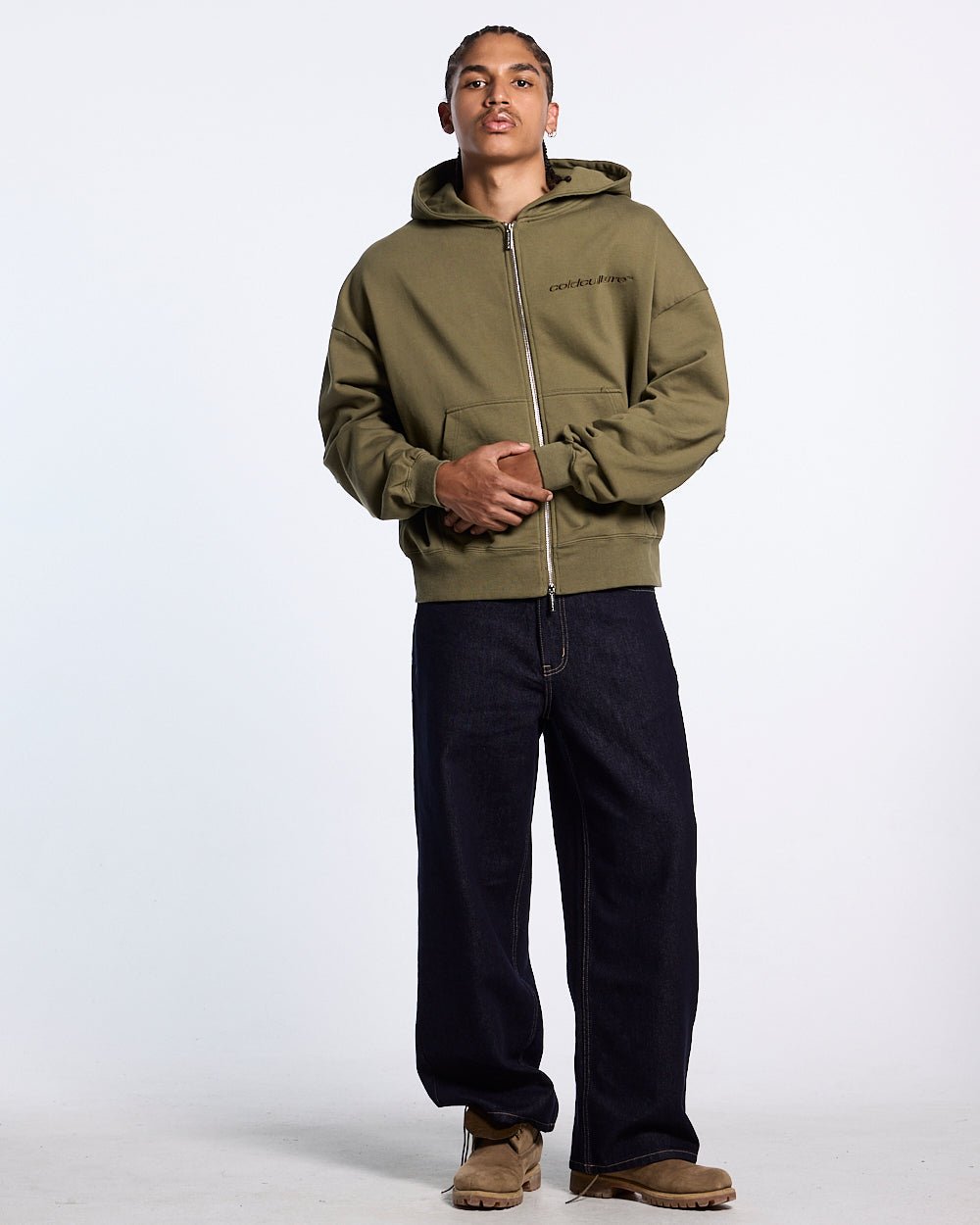 DISTRESS CURVED ZIP HOODIE GREEN LIGHT - Cold Culture