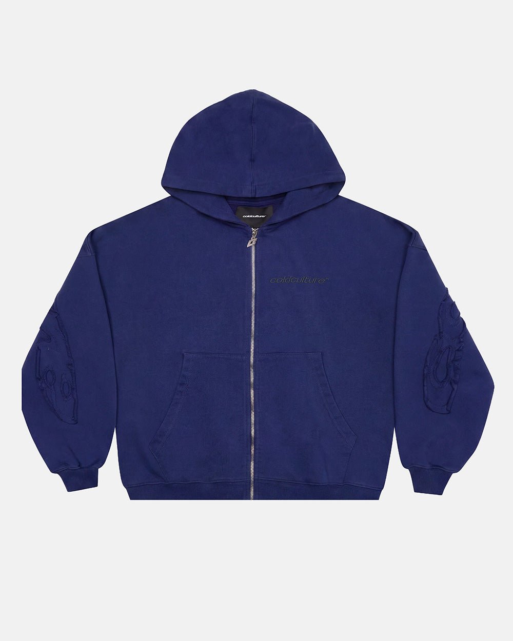 DISTRESS CURVED ZIP HOODIE NAVY - Cold Culture