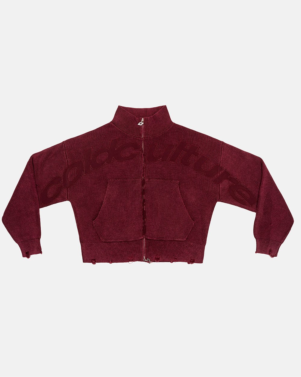 DISTRESS CURVED ZIP KNIT BURGUNDY - Cold Culture