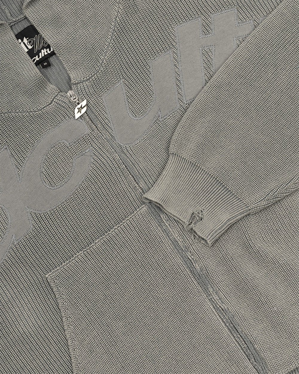 DISTRESS CURVED ZIP KNIT HOODIE GREY - Cold Culture