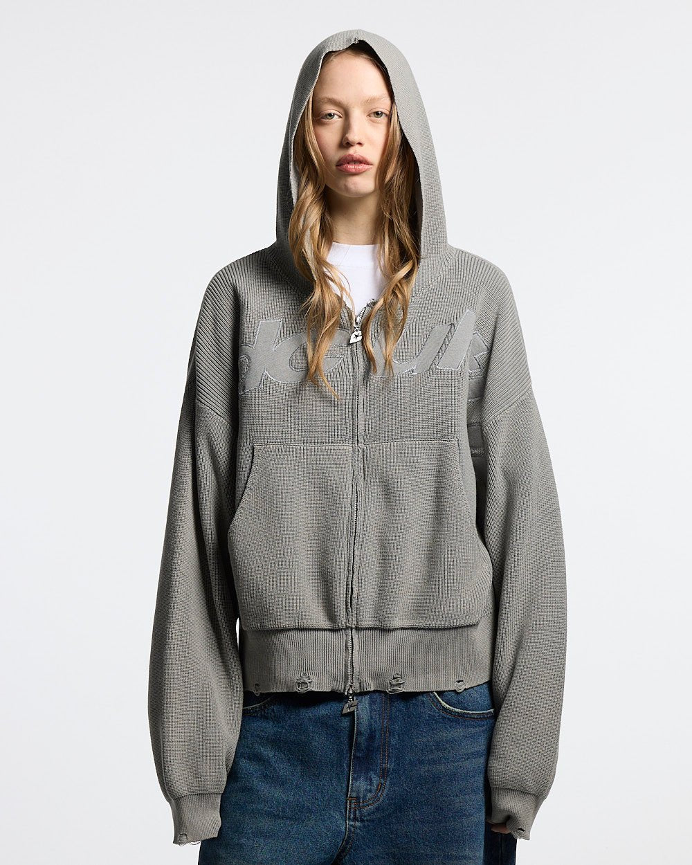 DISTRESS CURVED ZIP KNIT HOODIE GREY - Cold Culture