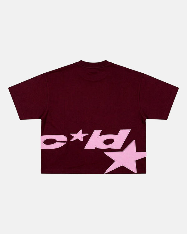 DISTRESS DEFENSE TEE BURGUNDY - burgundy graphic print tee, back view - Cold Culture