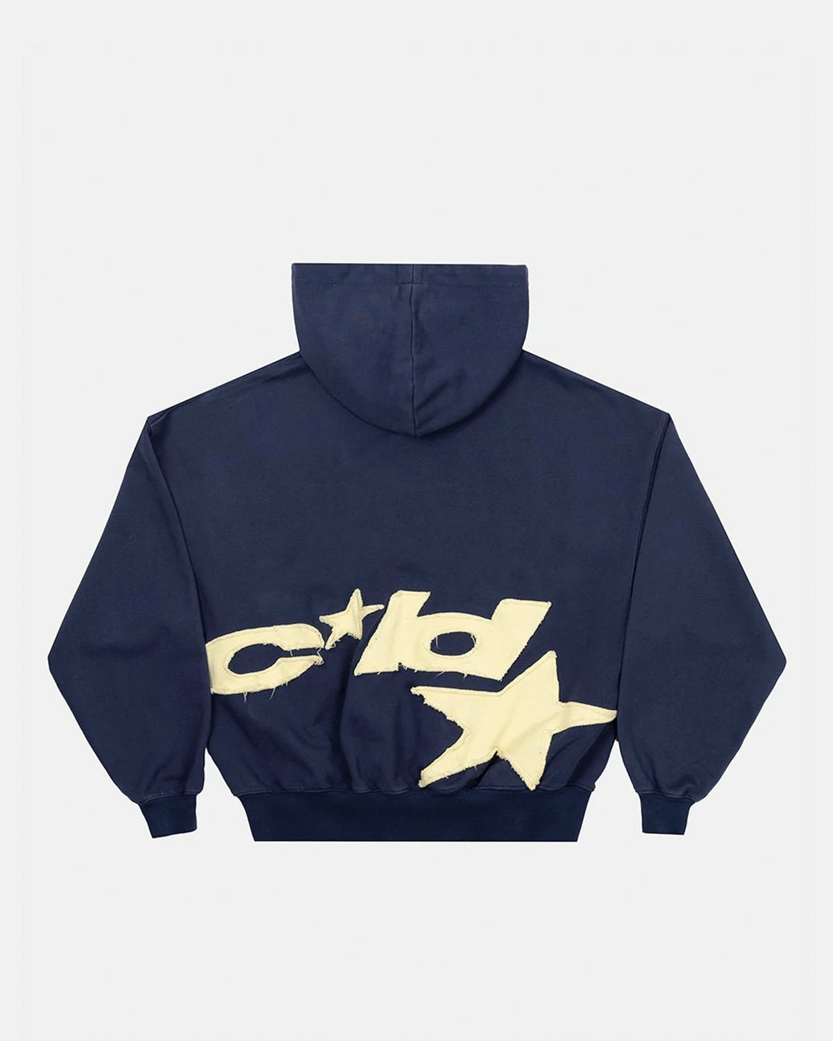 DISTRESSED DEFENSE HOODIE NAVY - navy distressed hoodie, back view - Cold Culture #packshot